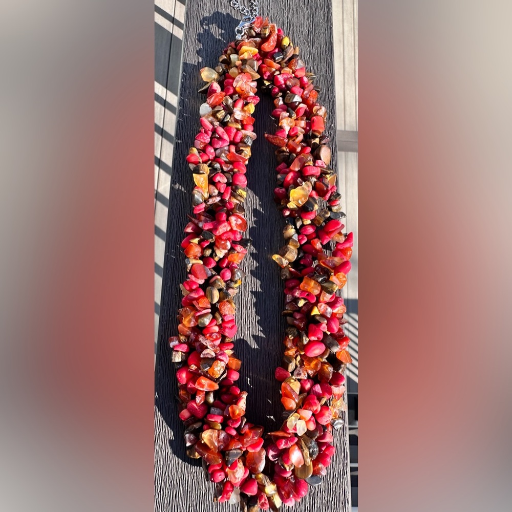 Carnelian chip beaded necklace with a sterling silver clasp